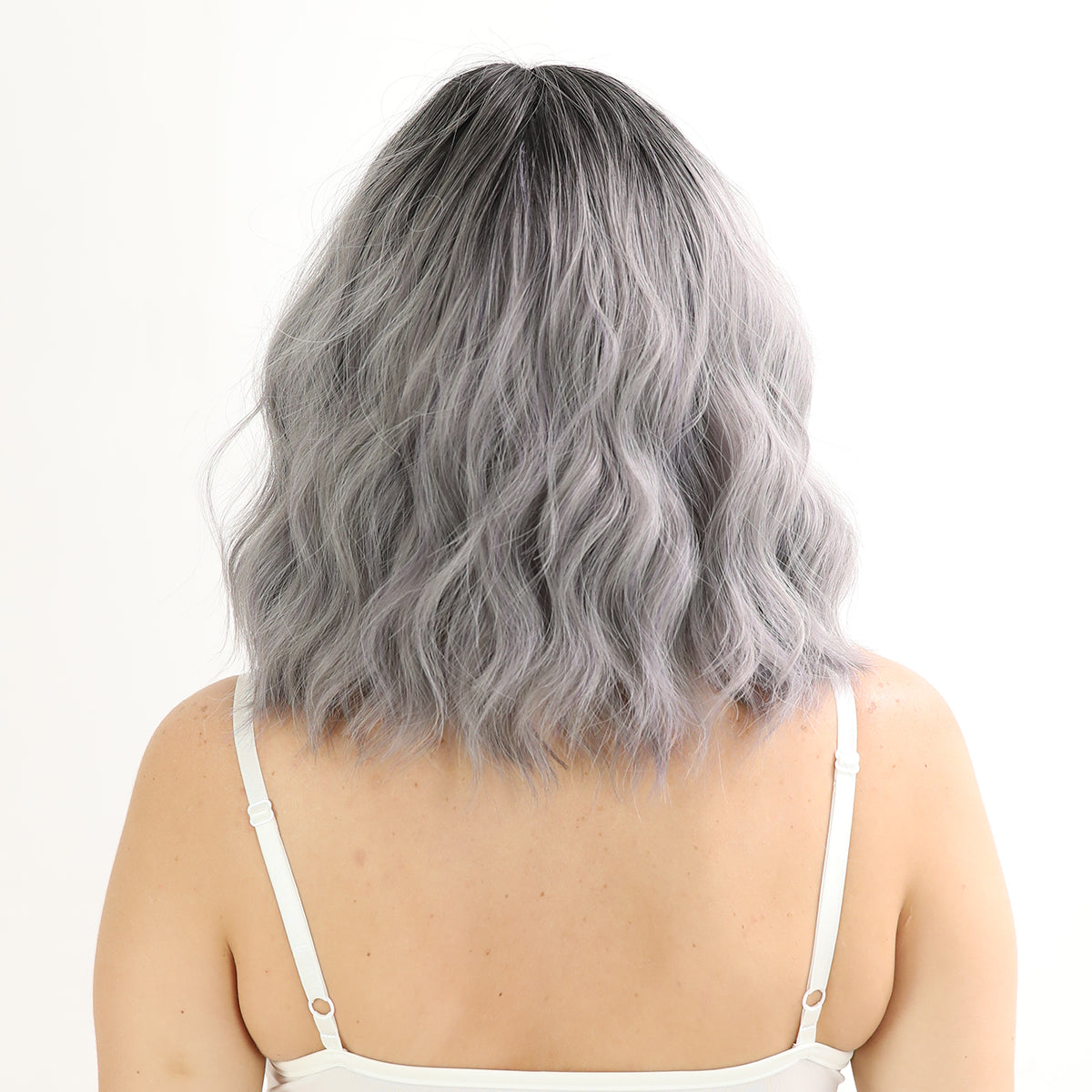 [Charcoal Baddie] 16-inch Ombre Grey Curly Bob with Bangs (Synthetic Wig)