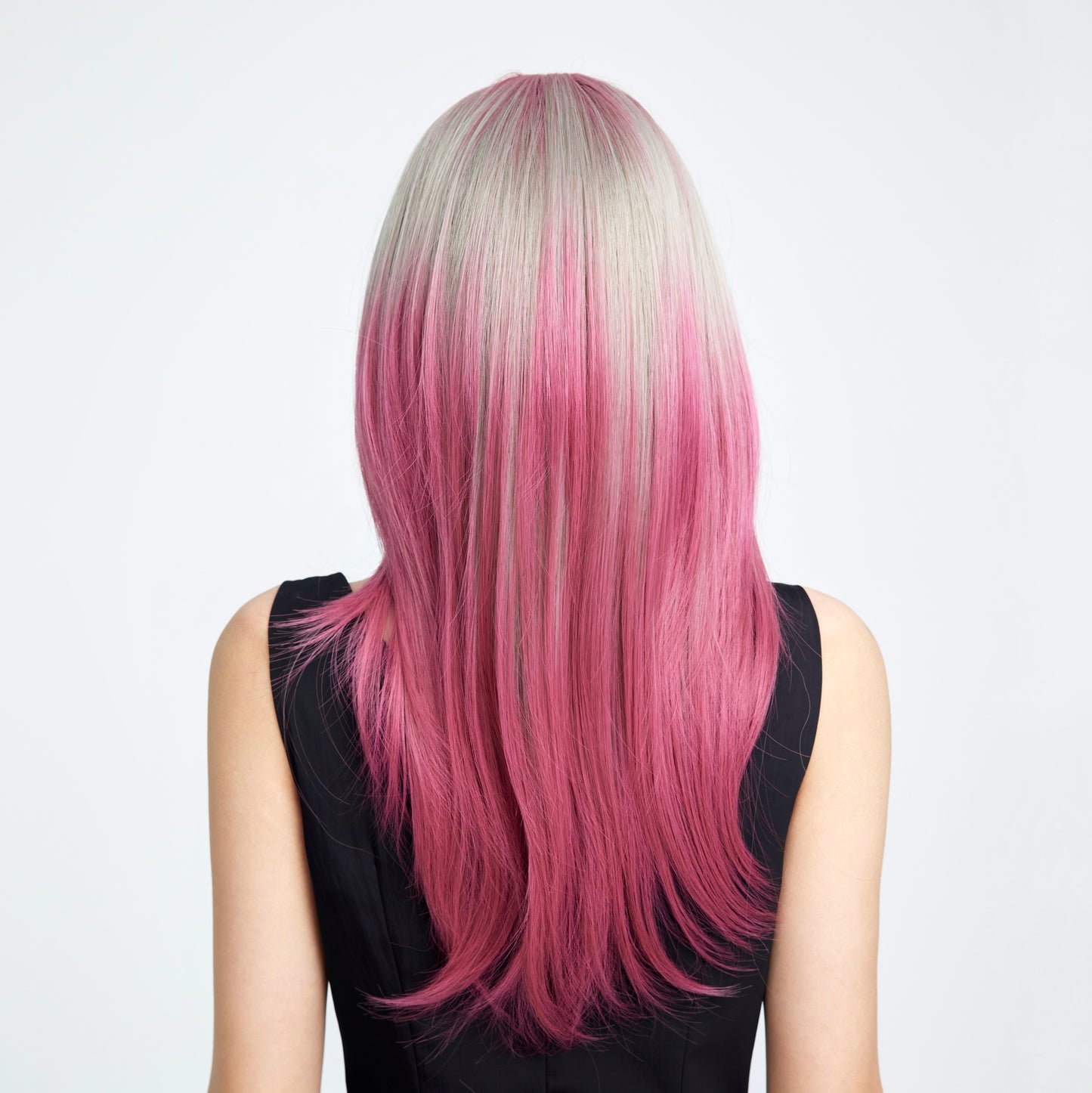 [Rose Quartz] 24-inch Ombre Pink Grey Straight with Bangs (Synthetic Wig)