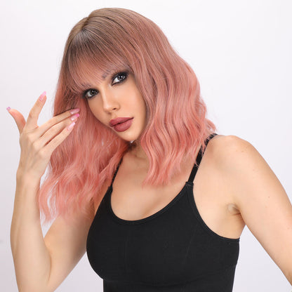 [Cotton Candy] 14-inch Ombre Pink Curly Bob with Bangs (Synthetic Wig)
