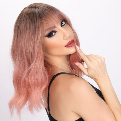 [Cotton Candy] 14-inch Ombre Pink Curly Bob with Bangs (Synthetic Wig)