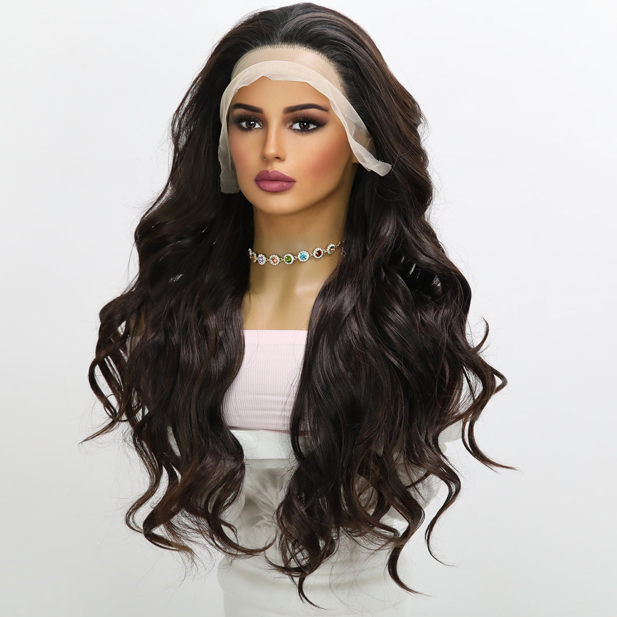 [Cocoa Curls] 28-inch Brown Loose Wave without Bangs (Synthetic Lace Front Wig)