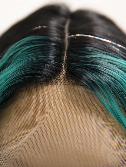 [Electric Emerald] 30-inch Ombre Blue Black Loose Wave without Bangs (Synthetic Lace Front Wig)