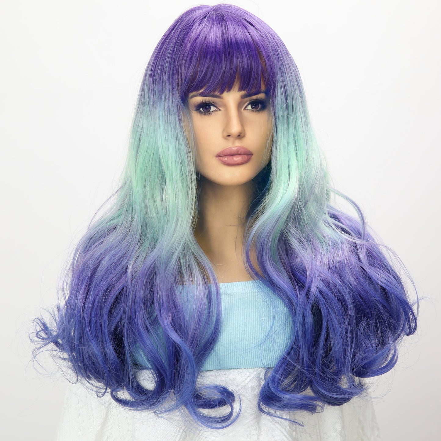 [Galaxy] 22-inch Ombre Multicolor Curly with Bangs (Synthetic Wig)