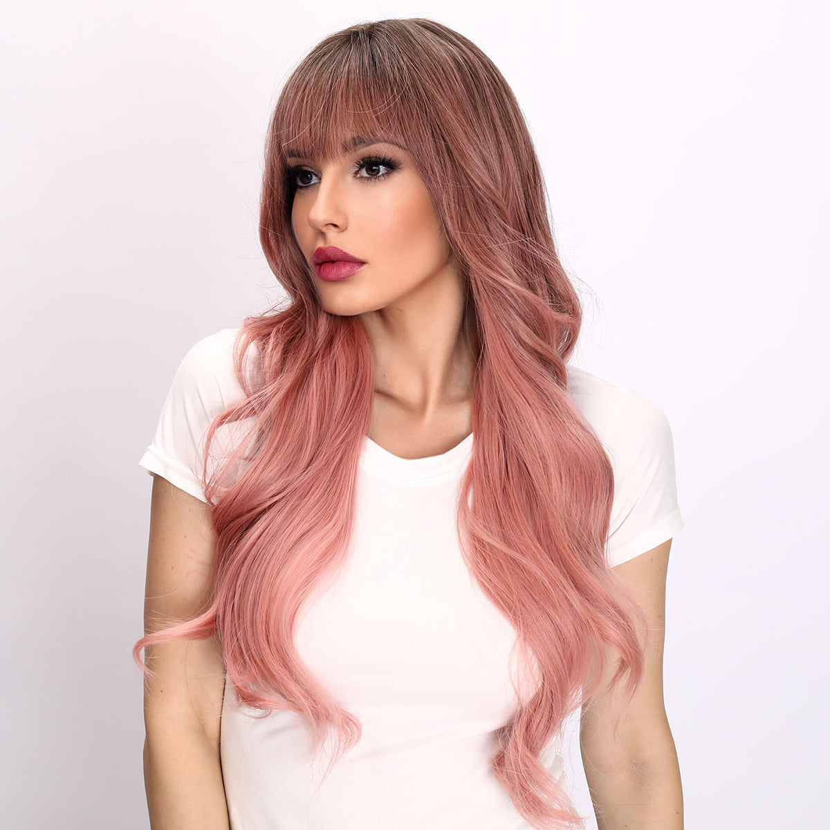[Pink Lady] 26-inch Ombre Pink Loose Wave with Bangs (Synthetic Wig)