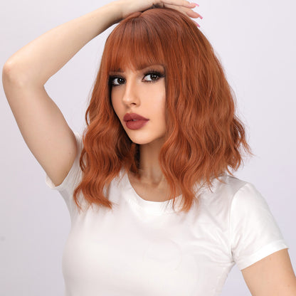 [Pumpkin Spice] 14-inch Ombre Red Curly Bob with Bangs (Synthetic Wig)