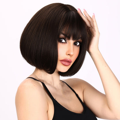 [Coco Chic] 12-inch Brown Straight Bob with Bangs (Synthetic Wig)