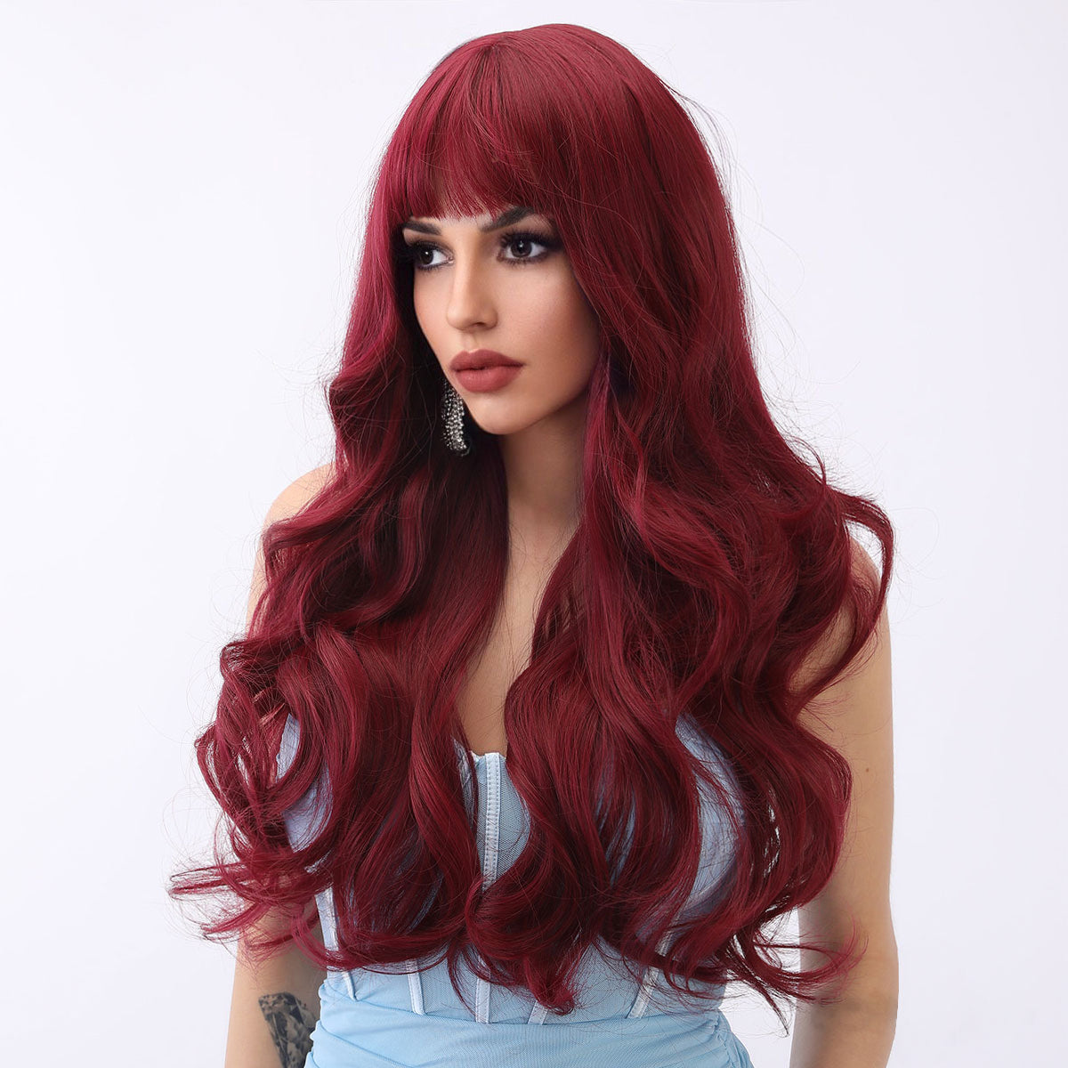 [Midnight Cherry] 26-inch Wine Red Loose Wave with Bangs (Synthetic Wig)
