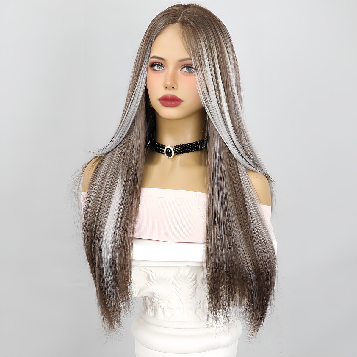 [Griffin] 26-inch Ombre Brown Grey Straight without Bangs (Partial Lace Front Wig)