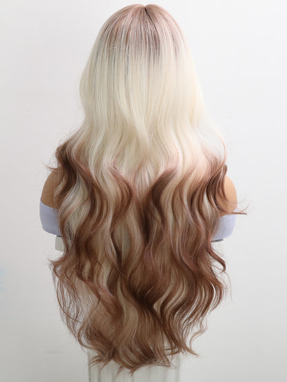 [Sunfire] 30-inch Ombre White Brown Loose Wave with Bangs (Synthetic Wig)