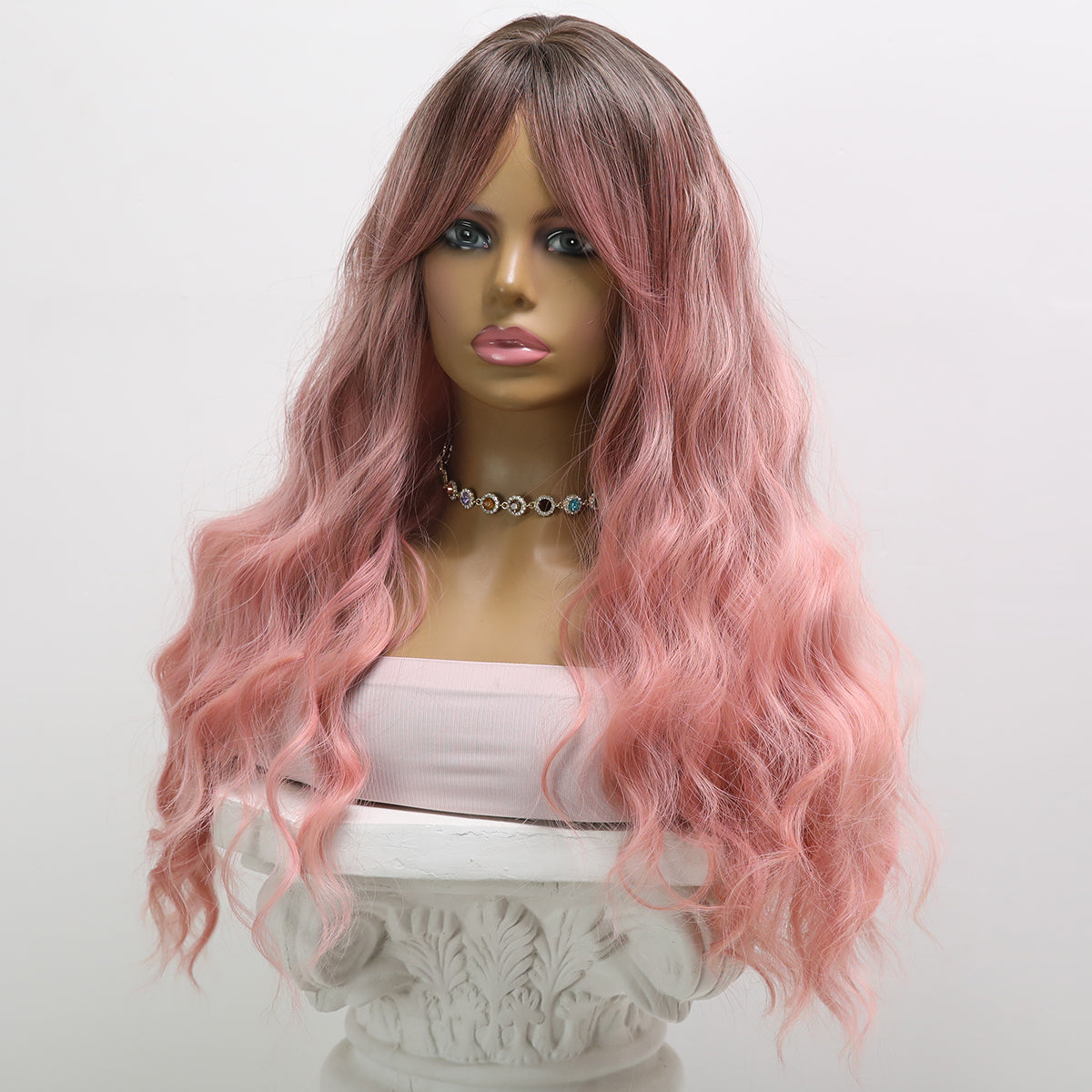 [Sunset Sorbet] 24-inch Ombre Pink Loose Wave with Bangs (Synthetic Wig)