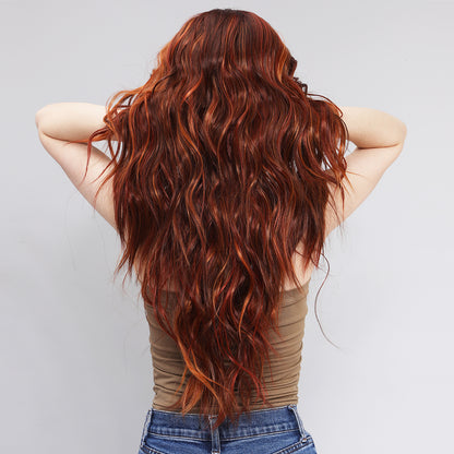 [Lava Fusion] 28-inch Ombre Red Brown Loose Wave without Bangs (Synthetic Lace Front Wig)