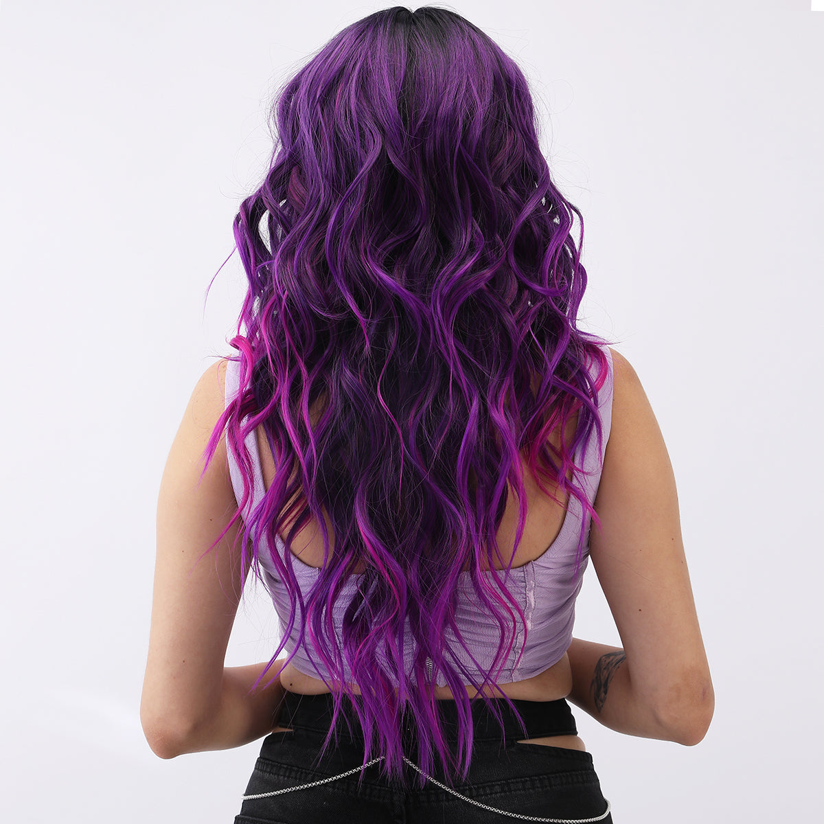 [Violet Vortex] 28-inch Ombre Purple Pink Loose Wave without Bangs (Synthetic Lace Front Wig)