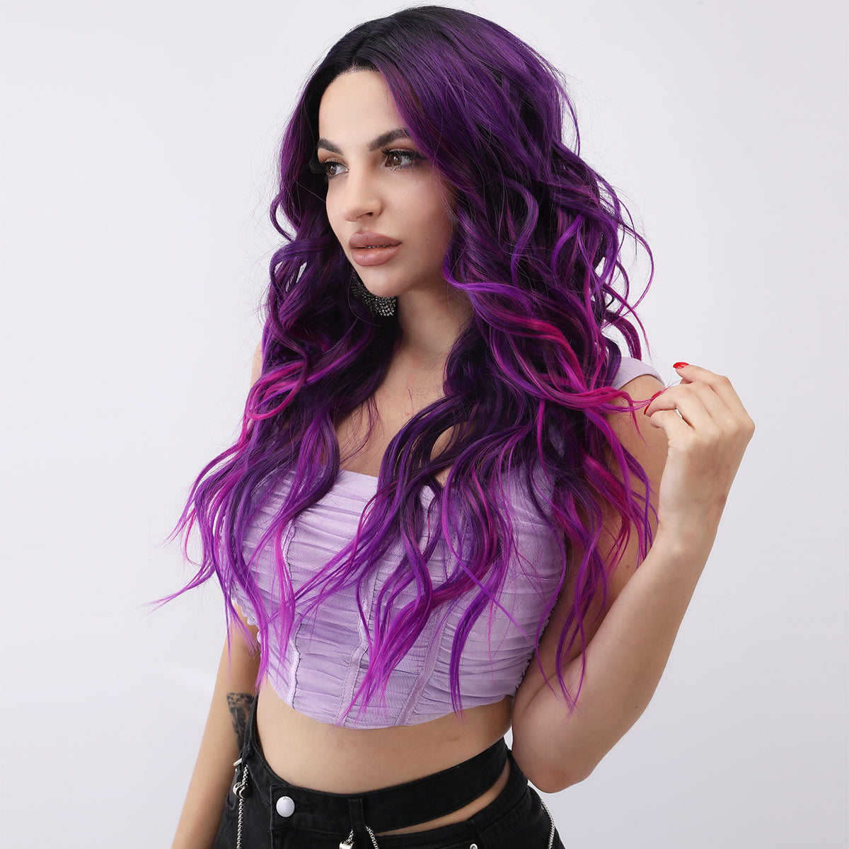 [Violet Vortex] 28-inch Ombre Purple Pink Loose Wave without Bangs (Synthetic Lace Front Wig)