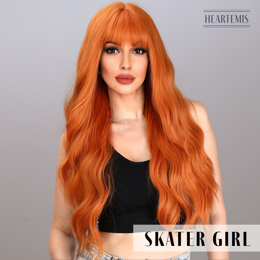 [Skater Girl] 30-inch Orange Body Wave with Bangs (Synthetic Wig)