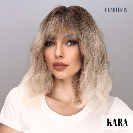 [Kara] 14-inch Ombre Gold Curly Bob with Bangs (Synthetic Wig)