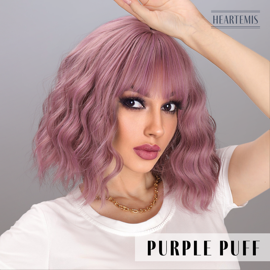 [Purple Puff] 14-inch Purple Curly Bob with Bangs (Synthetic Wig)