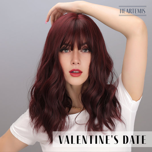 [Valentine's Date] 14-inch Dark Red Loose Wave with Bangs (Synthetic Wig)