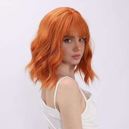 [Citrine Cascade] 14-inch Orange Loose Wave with Bangs (Synthetic Wig)