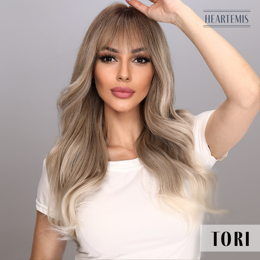 [Tori] 24-inch Ombre Gold Loose Wave with Bangs (Synthetic Wig)