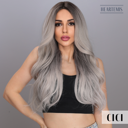 [Cici] 28-inch Ombre Silver Loose Wave without Bangs (Synthetic Wig)