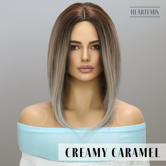 [Creamy Caramel] 14-inch Ombre Grey Brown Straight without Bangs (Synthetic Wig)