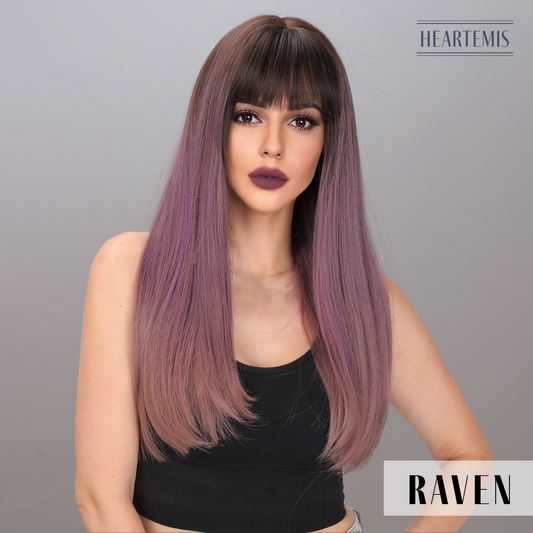 [Raven] 24-inch Ombre Purple Straight with Bangs (Synthetic Wig)