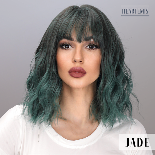 [Jade] 12-inch Green Curly Bob with Bangs (Synthetic Wig)