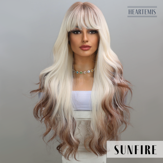 [Sunfire] 30-inch Ombre White Brown Loose Wave with Bangs (Synthetic Wig)