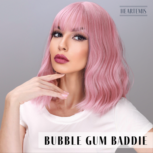 [Bubble Gum Baddie] 16-inch Pink Curly Bob with Bangs (Synthetic Wig)