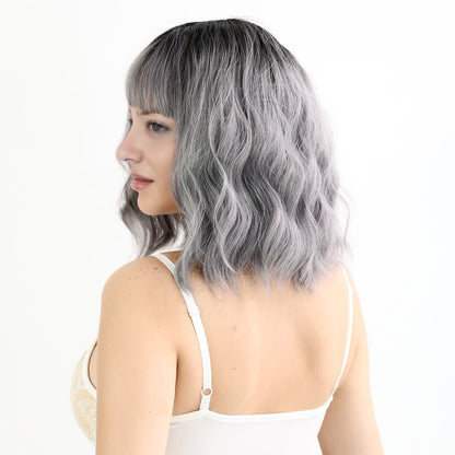 [Charcoal Baddie] 16-inch Ombre Grey Curly Bob with Bangs (Synthetic Wig)