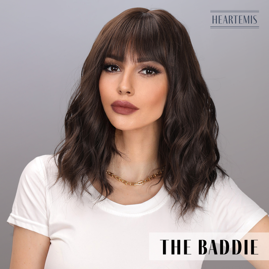 [The Baddie] 16-inch Brown Curly Bob with Bangs (Synthetic Wig)