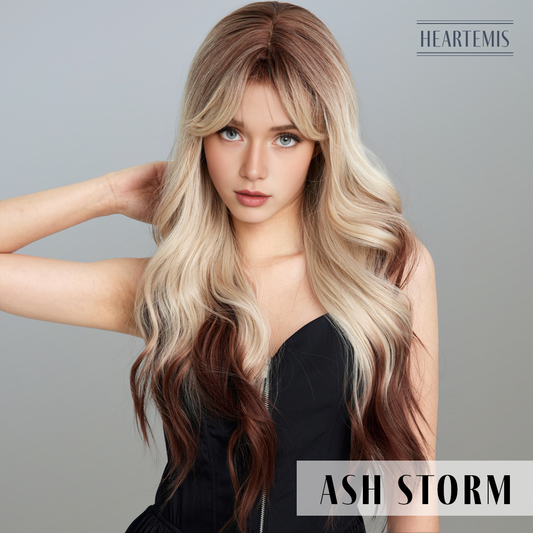 [Ash Storm] 26-inch Ombre Blonde Brown Loose Wave with Bangs (Synthetic Wig)