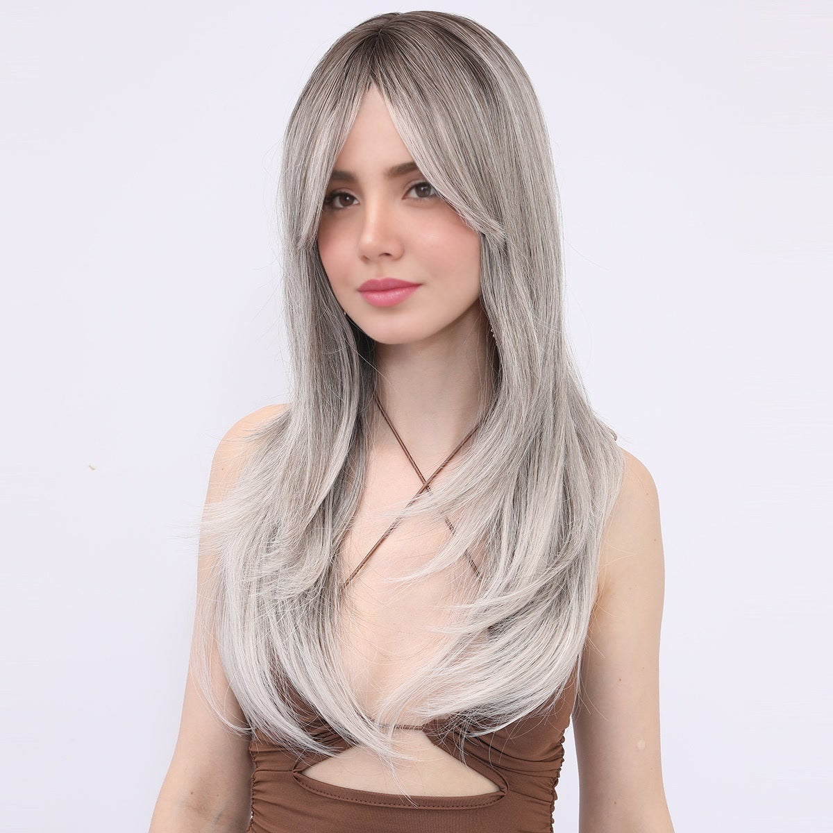 [Silver Mirage] 22-inch Ombre Grey  Straight with Bangs (Synthetic Wig)