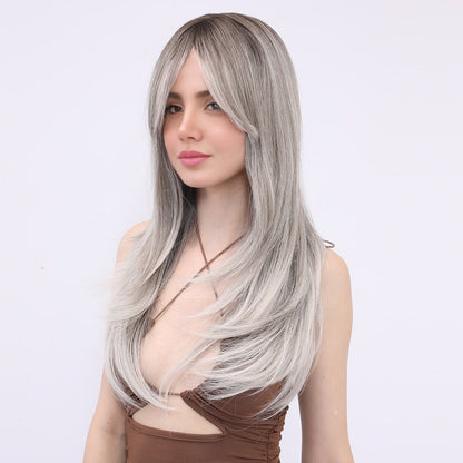 [Silver Mirage] 22-inch Ombre Grey  Straight with Bangs (Synthetic Wig)