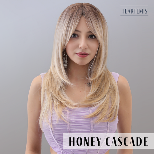 [Honey Cascade] 22-inch Ombre Blonde Straight with Bangs (Synthetic Wig)