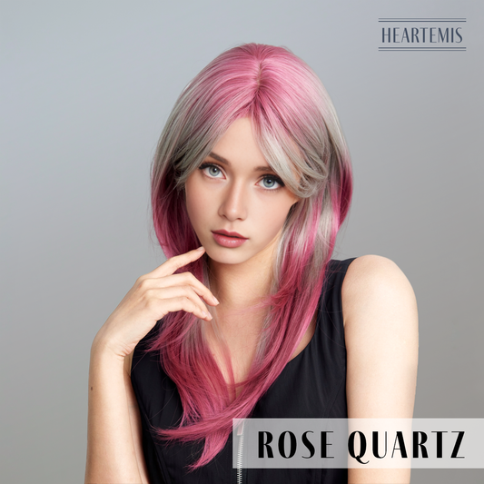 [Rose Quartz] 24-inch Ombre Pink Grey Straight with Bangs (Synthetic Wig)