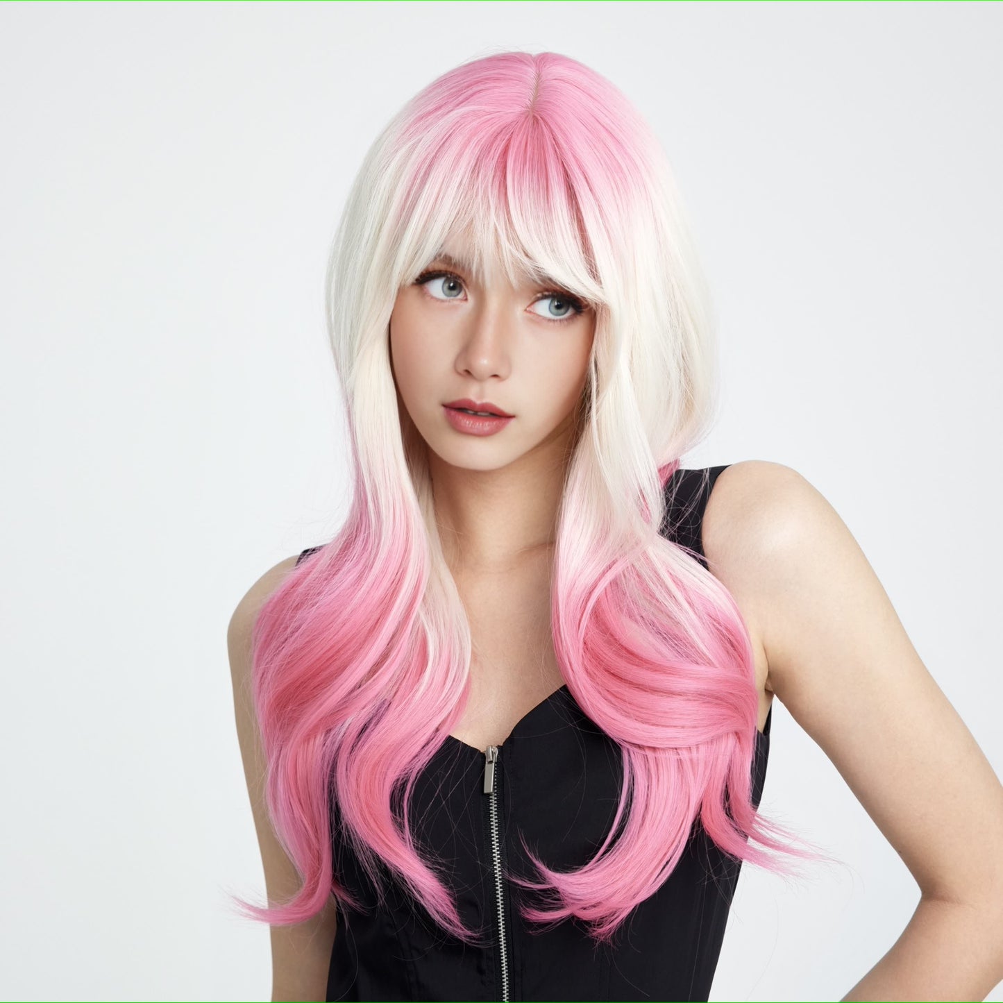 [Candyfloss] 24-inch Ombre Pink White Loose Wave with Bangs (Synthetic Wig)