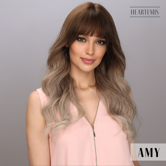 [Amy] 22-inch Ombre Grey Gold Loose Wave with Bangs (Synthetic Wig)