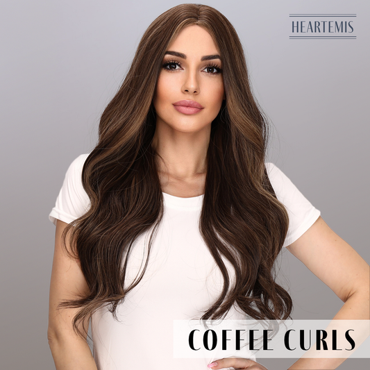 [Coffee Curls] 24-inch Brown Loose Wave without Bangs (Synthetic Wig)