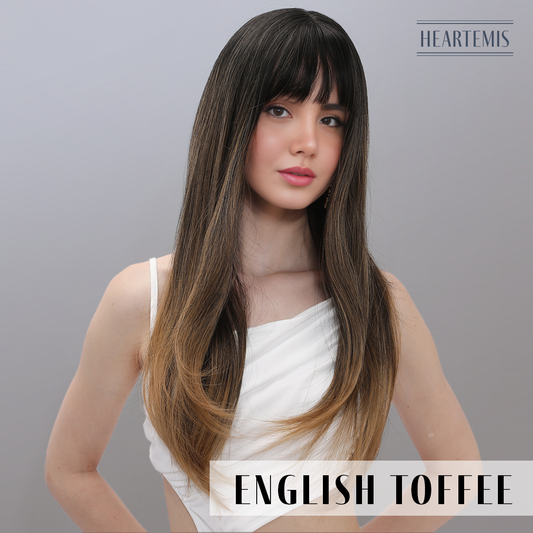 [English Toffee] 24-inch Ombre Brown Straight with Bangs (Synthetic Wig)