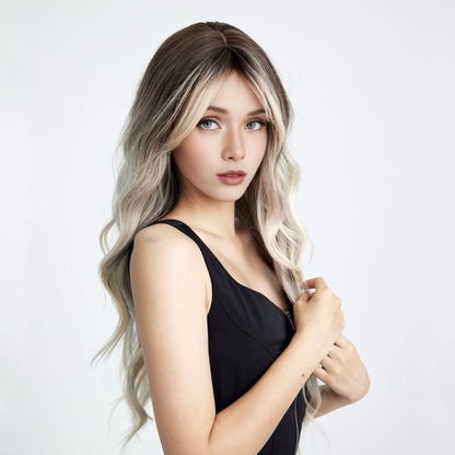 [Serenity] 26-inch Ombre Gray White Loose Wave with Bangs (Synthetic Wig)