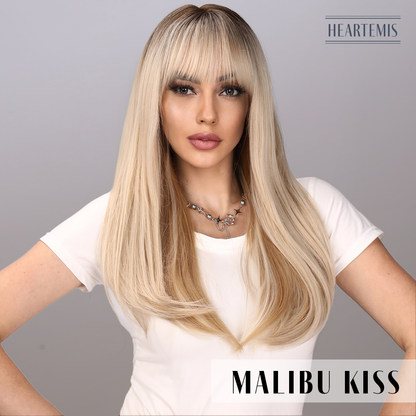[Malibu Kiss] 24-inch Ombre Blonde Loose Wave with Curtain Bangs (Synthetic Wig)