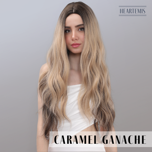 [Caramel Ganache] 28-inch Ombre Gold Brown Loose Wave without Bangs (Synthetic Wig)