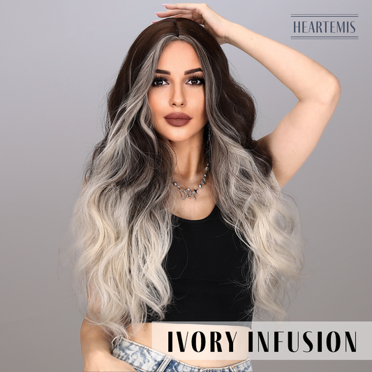 [Ivory Infusion] 30-inch Ombre White Gold Brown Loose Wave without Bangs (Synthetic Wig)