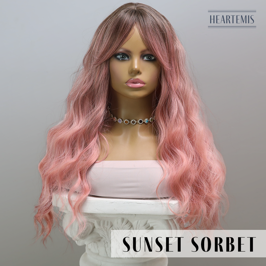 [Sunset Sorbet] 24-inch Ombre Pink Loose Wave with Bangs (Synthetic Wig)