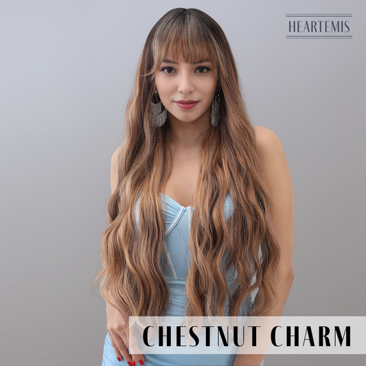 [Chestnut Charm] 30-inch Ombre Brown Loose Wave with Bangs (Synthetic Wig)