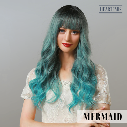[Mermaid] 28-inch Ombre Blue Loose Wave with Bangs (Synthetic Wig)