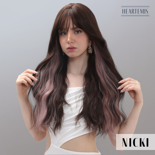 [Nicki] 22-inch Ombre Pink Brown Loose Wave with Bangs (Synthetic Wig)