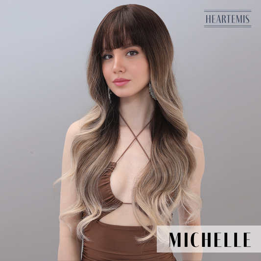 [Michelle] 30-inch Ombre Brown White Gold Loose Wave with Bangs (Synthetic Wig)