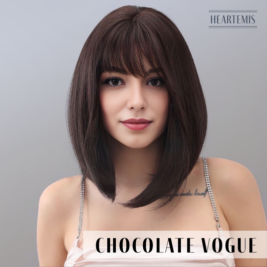 [Chocolate Vogue] 12-inch Dark Brown Straight with Bangs (Synthetic Wig)